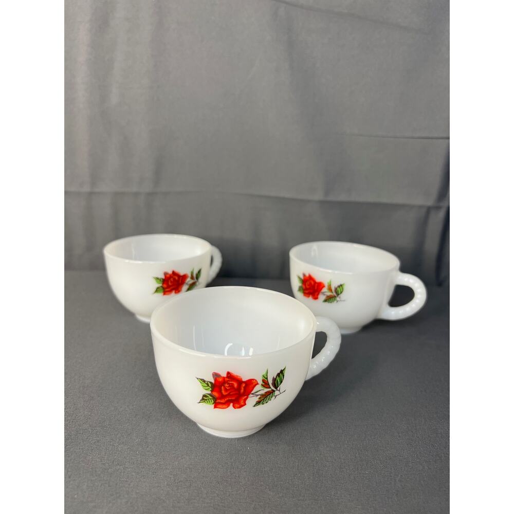Vtg Federal Milk Glass Set of 3 Red Rose Cups